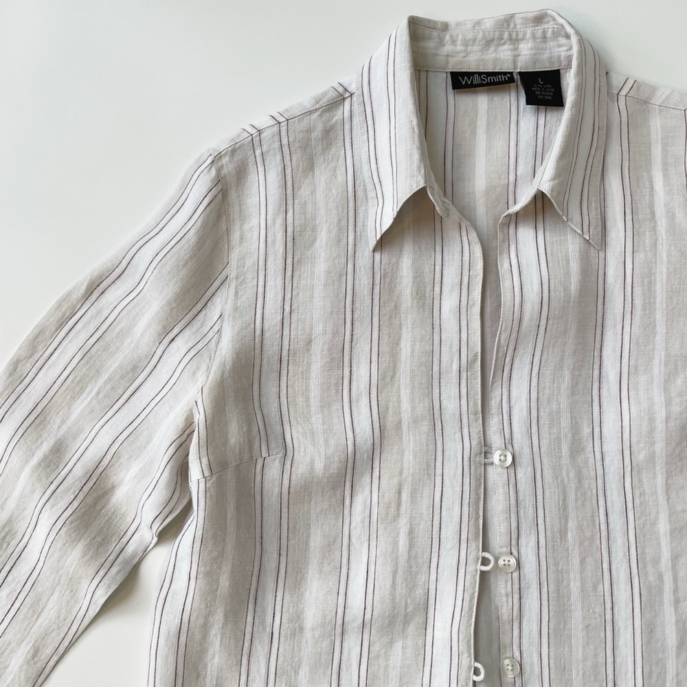 Vintage Willi Smith Button-down Linen Tunic in Neutral Stripe Size Large